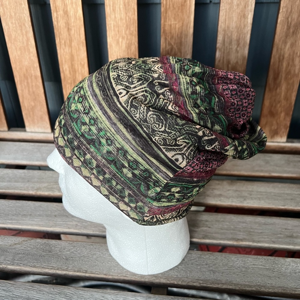 Lightweight Boho Green Print Slouchy Beanie